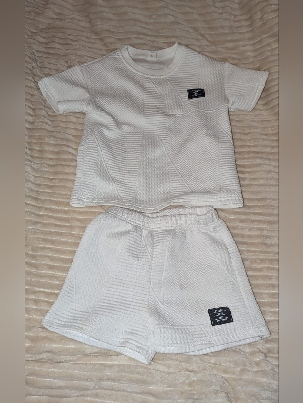 White Textured Short Sleeve Top & Shorts Set